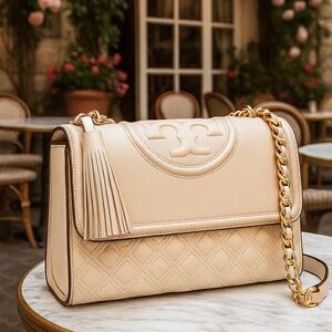 NEW Tory Burch Fleming Convertible/Shoulder/Crossbody Bag Cream Quilted Leather